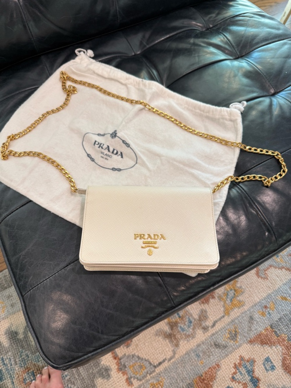 Prada Leather Mini Logo Crossbody Bag with Gold Chain Strap